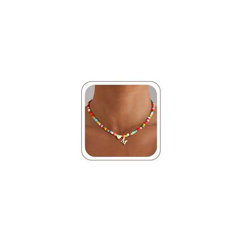M MOOHAM Initial Necklace for Women Girls, Colorful Beaded Necklace, A-Z | Necklace for Women Girls, Dainty Heart Initial Necklace, 14K Gold Plated, Personalized Birthday Gifts for Teen Girl Jewelry - color: M