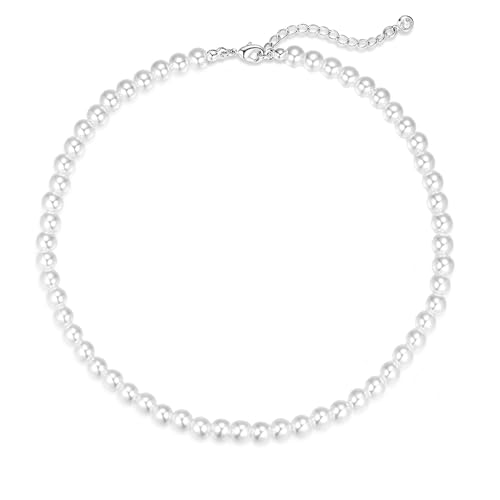 Zeffy Pearl Necklace 8MM Dainty Round Imitation Pearl Choker Necklace Wedding Pearl Necklace Delicate Jewelry for Women Simple Bridesmaid Jewelry Gifts - style: Style2-8mm Silver Pearl Necklace(16"+2")