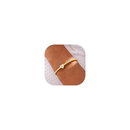 Beaded Bracelets for Women Dainty Beaded Heart Initial Bracelets Letter A-Z Charm Stretch Bead Ball Bracelet Trendy Jewelry Gifts - style: Gold-G