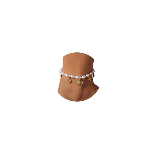 Qceasiy Shell Ankle Bracelets for Women, Boho Beaded Beach Anklet Set | Seashell, Heart, Starfish and Conch Styles, Gold-Tone, Stretch or Adjustable Fit, Layered Beach Vacation Jewelry Gifts - color: White 6