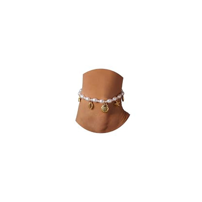 Qceasiy Shell Ankle Bracelets for Women, Boho Beaded Beach Anklet Set | Seashell, Heart, Starfish and Conch Styles, Gold-Tone, Stretch or Adjustable Fit, Layered Beach Vacation Jewelry Gifts - color: White 6