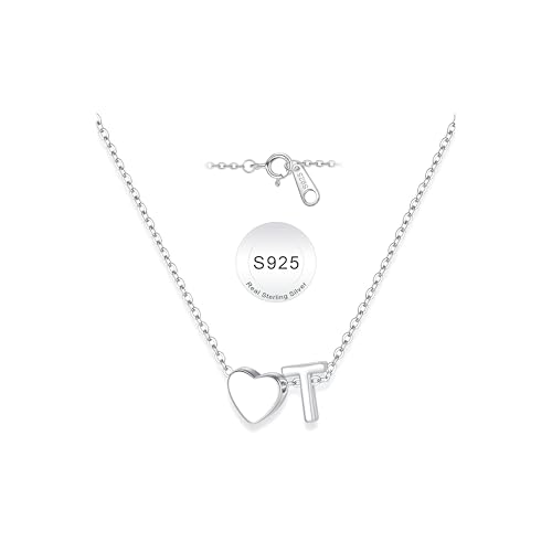 Turandoss S925 Sterling Silver Initial Necklaces for 5-16 Years Old Girls | Dainty Teen Girl Gifts Trendy Stuff Heart Initial A-Z Necklaces Personalized Birthday Jewelry Gifts for Girls - color: T