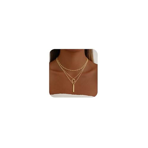 Gold Necklace for Women 14K Gold Plated Layered Cross Bar Necklace Herringbone Figaro Paperclip Flat Chain Cute Charm Accessories Non Tarnish Jewelry Set Gifts for Women - style: R-NK-07-Circle bar-GD
