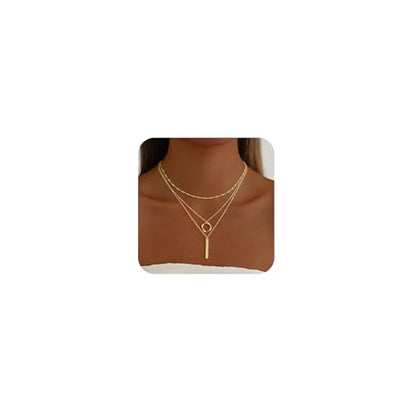 Gold Necklace for Women 14K Gold Plated Layered Cross Bar Necklace Herringbone Figaro Paperclip Flat Chain Cute Charm Accessories Non Tarnish Jewelry Set Gifts for Women - style: R-NK-07-Circle bar-GD
