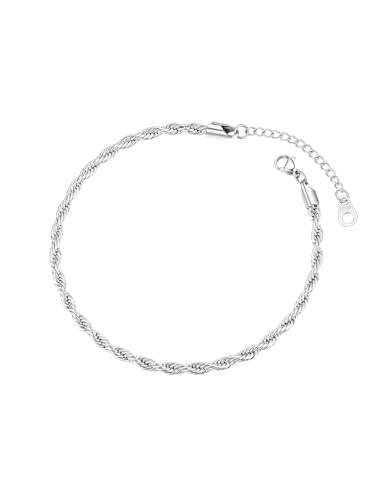 FOCALOOK 14K Gold Plated Anklets for Women Waterproof Plus Size Ankle Bracelet 8.5-10.5 Inch Adjustable Mariner/Figaro/Flat Snake/Cuban Link Chain Anklet Jewelry for Summer Beach Holiday - color: E:3mm Twist Rope-Silver