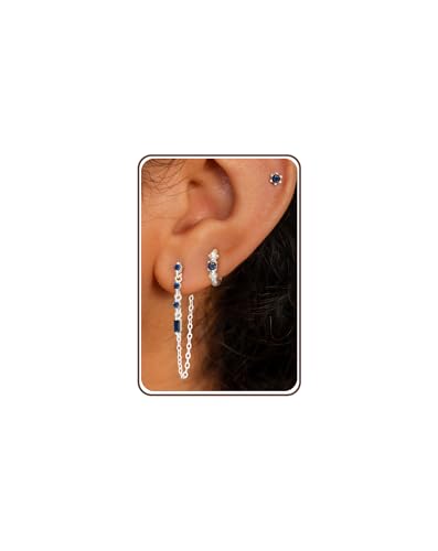 3 Pairs Earring Stacks, Gold Earring Set Jewelry Gift for Women | Small, 14K Gold/White Gold/Black/Rose Gold Plated, Hypoallergenic, Her, Everday, Stackable, Simple, 3 Holes - color: Silver-Blue Chain