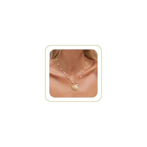 Shell Starfish Charm for Women, Dainty Layered 14K Gold Plated Seashell Conch Starfish Pearl Pendant Necklace for Women Stack Trendy Beach Cuban Link CZ Chain Necklace Summer Vacation Jewelry - color: 2PSC Layered/ Starfish & Shell Pearl