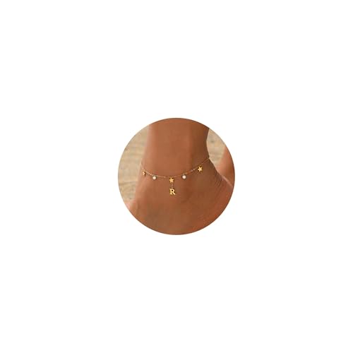 Initial Anklet for Women, 18K Gold Plated Waterproof Ankle Bracelet, Star CZ Letter A-Z Personalized Beach Foot Jewelry - color: R