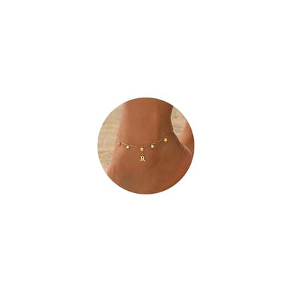 Initial Anklet for Women, 18K Gold Plated Waterproof Ankle Bracelet, Star CZ Letter A-Z Personalized Beach Foot Jewelry - color: R