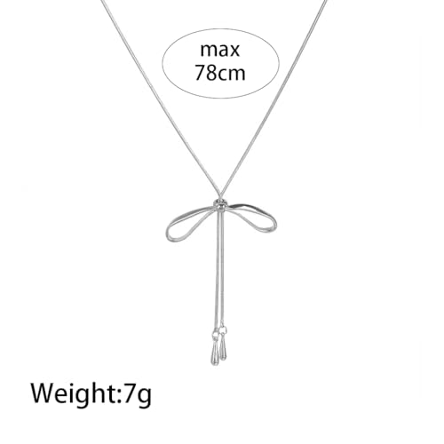 FUTIMELY Dainty Long Gold Necklace for Women,Thin Herringbone Chain Necklace,Long Lariat Necklace Body Jewelry - color: Bow Silver
