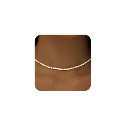 HERIER Tennis Necklace for Women 14K Gold Plated or Silver Rhinestone Choker Necklaces Dainty Zirconia Cut Faux Diamond chain 3mm - color: Gold-tennis
