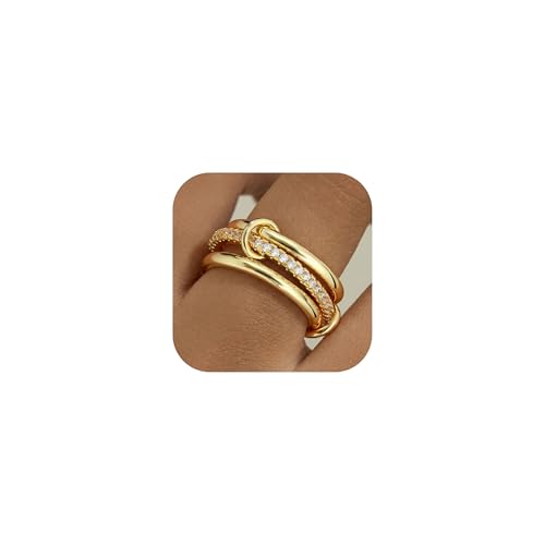 PATISORNA Gold Stackable Rings for Women Non Tarnish 18K Gold Plated Interlocked Stack Rings Set Silver Gold Mixed Metals Multi Ring Statement Thumb Rings Cubic Zirconia Connected Bands Fashion Jewelry Gifts - color: Thin Bands & CZ