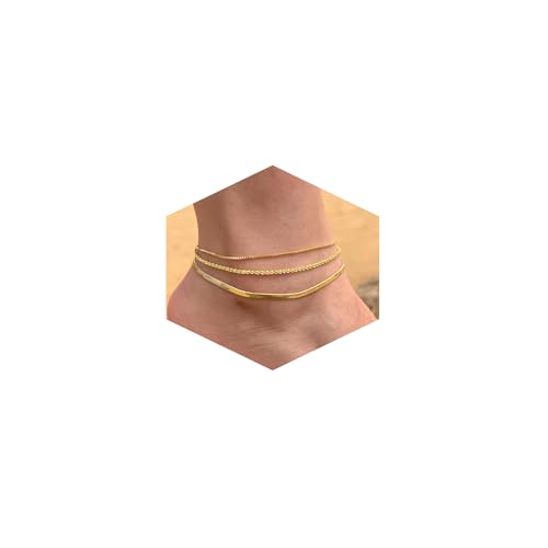Risamil 14K Gold Plated Ankle Bracelets for Women, Anklets for Women Waterproof Layered Ankle Bracelets for Women Teen Girl Herringbone Anklet Set Summer Foot Jewelry Gifts - color: 3PCS-06