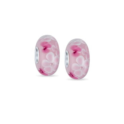 Bling Jewelry .925 Sterling Silver Murano Glass Floral Blue Green Pink Red Black White Flower Spacer Charm Bead For Women Teen for Bracelet - color: Pink Set