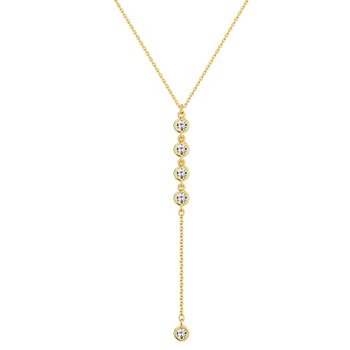 Foxgirl Lariat Gold Necklace for Women, Dainty Long Necklace 14k Gold Plated/Silver Y-Shaped Pendant Necklace Trendy Layered Cz Beaded Chain Drop Necklaces Simple Gold Jewelry For Women Gift - color: Y CZ Lariat Necklace-GD