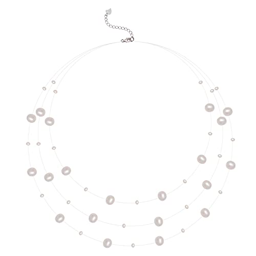 925 Sterling Silver Dainty Freshwater Cultured Pearl Choker Necklace White Genuine Real Pearl Charm Necklaces Jewelry Gifts for Her - color: Satellite Pearl-Silver 3Plus
