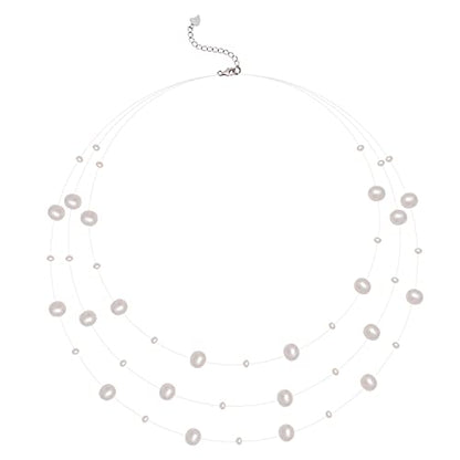 925 Sterling Silver Dainty Freshwater Cultured Pearl Choker Necklace White Genuine Real Pearl Charm Necklaces Jewelry Gifts for Her - color: Satellite Pearl-Silver 3Plus