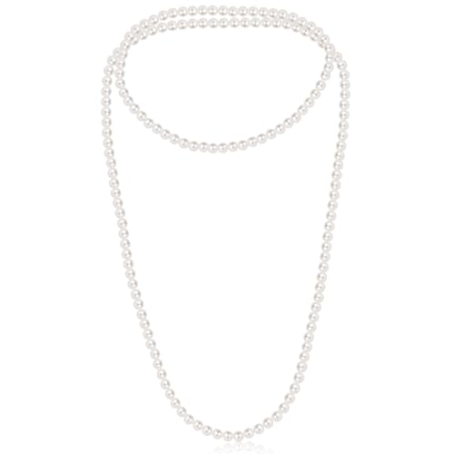 Kerros 150cm Fake Pearl Necklace for Women, 8mm Layered Strand, White | Long White Imitation Pearl Strand, 8mm Plastic Beads for Weddings, Halloween, Costumes and Parties