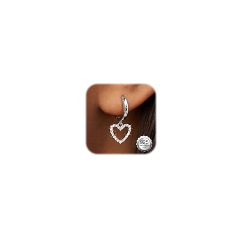 FIBO STEEL 14K Gold Plated Hoop Earrings with Charms for Women Huggie Hoops | Hypoallergenic 925 Sterling Silver Post Dangle Earrings Small Silver Gold Hoops Earring Cubic Zirconia Dangle Drop Jewelry - color: Hollow Heart - Silver Plated
