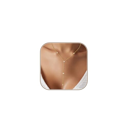 HERIER Lariat Gold Necklace for Women, Dainty Long Necklace 14k Gold Plated/Silver Y-Shaped Layered Beaded Chain Drop Necklaces for Women Trendy Simple Gold Jewelry for Women Gifts - color: Y-5CZ-Gold