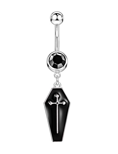 Belly Button Ring Dangle, Cross Belly Button Ring, Navel Piercing | 316L Surgical Steel, AAA+ Cubic Zirconia, Nickel-Free, Hypoallergenic, Multi-Style, 14 Gauge 10 mm Screw On Piercing Stud - style: Black Coffin