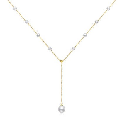 14K Real Gold Pearl Lariat Necklace for Women, Drop Y-Shaped Necklace with Pearl Prom Necklace Birthday Gifts for Wife Mom Her 16+2 inch(4mm, 9mm)