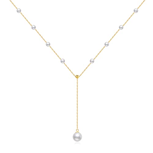 14K Real Gold Pearl Lariat Necklace for Women, Drop Y-Shaped Necklace with Pearl Prom Necklace Birthday Gifts for Wife Mom Her 16+2 inch(4mm, 9mm)