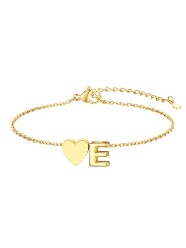 KeyStyle Initial Heart Bracelet for Women Waterproof Stainless Steel Chain | 14K Gold Plated /Silver A-Z Letter Adjustable Charm Bracelet, Hypoallergenic Non Tarnish Dainty Gift for Everyday Wear - color: 14K Gold Plated-E