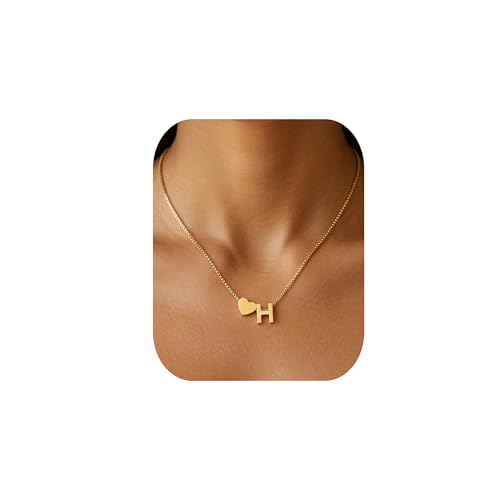 18K Real Gold Plated Heart Initial Necklace for Women-Personalized A-Z Letter Pendant on Durable Stainless Steel Box Chain (16+2.5 inch Adjustable) Hypoallergenic Everyday Jewelry Gift Boxed for Mom Wife - style: Gold:H