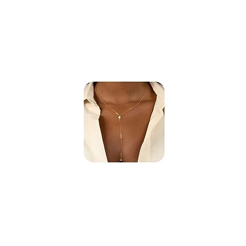 Dainty Gold Necklace for Women, Cute Long Necklace 14K Gold Plated CZ Lips Bead Y Shaped Lariat Necklace Simple Gold Choker Necklace Aesthetic Drop Necklace Trendy Gold Jewelry for Women - color: Gold-Long Pearl Necklace