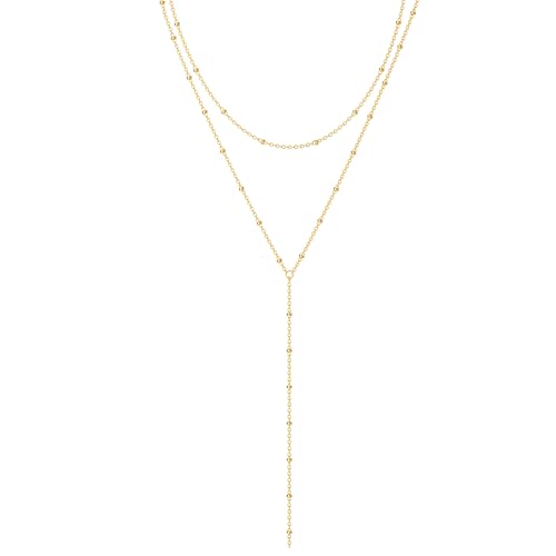 Foxgirl Lariat Gold Necklace for Women, Dainty Long Necklace 14k Gold Plated/Silver Y-Shaped Pendant Necklace Trendy Layered Cz Beaded Chain Drop Necklaces Simple Gold Jewelry For Women Gift - color: Y Small Layered Satellite-GD