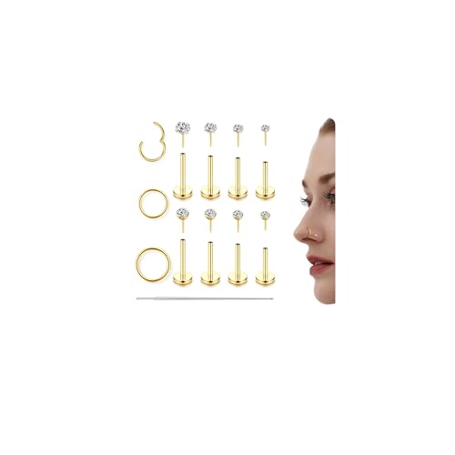 CASSIECA 14K Gold Filled Flat Back Nose Studs For Women Men Hypoallergenic Surgical Steel Nose Rings Hoops- Threadless Flat Back Earrings Helix Cartilage Tragus Conch CZ Stud Labret Lip Nostril Septum Ring Body Piercing Jewelry 20G 18G 16G