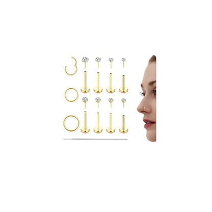 CASSIECA 14K Gold Filled Flat Back Nose Studs For Women Men Hypoallergenic Surgical Steel Nose Rings Hoops- Threadless Flat Back Earrings Helix Cartilage Tragus Conch CZ Stud Labret Lip Nostril Septum Ring Body Piercing Jewelry 20G 18G 16G