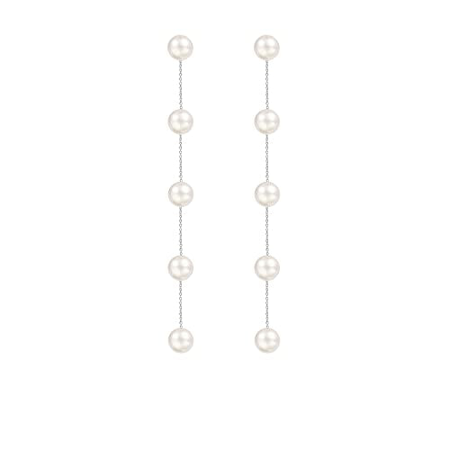 Long Pearl Earrings for Women 925 Sterling Silver Dangle Earrings | Hypoallergenic Dainty Dangle Drop Earrings, Elegant Pearl Jewelry for Bridal, Mother's Day Anniversary Birthday Jewelry Gift - color: Sliver
