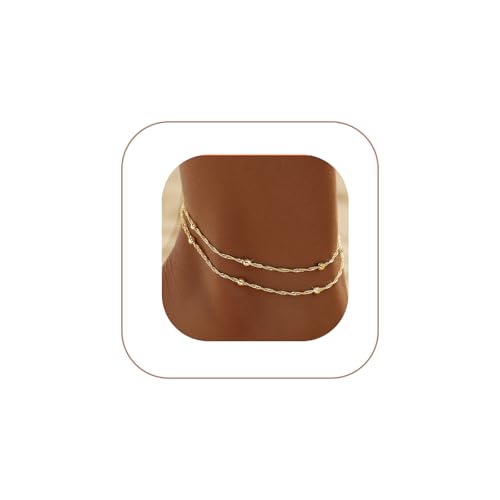 CAROVO Gold Ankle Bracelets for Women Waterproof,14K Gold Plated Bead Leaf Heart Dot Satellite Chain Layered Anklets Non Tarnish Summer Beach Jewelry Gift for Women - style: A: Layerd Bead