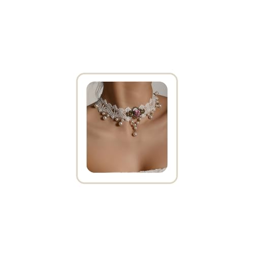 Lace Choker Necklace for Women Tassel Pendant Choker Necklaces Elegant Boho Collar Necklaces Statement Artistic Chain Necklace with Pearl Halloween Party Cosplay Costume Jewelry - color: White Pearl Rose