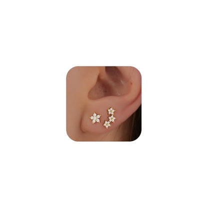 Stud Earring for Women, 14K Gold Silver Plated Hypoallergenic Studs Set | Trendy Cartilage Tragus Helix Clover Flower Earring Stack for Multiple Piercing, Dainty Cute Small Jewelry Gift, Non Tarnish - style: GD-Five-petal Flower