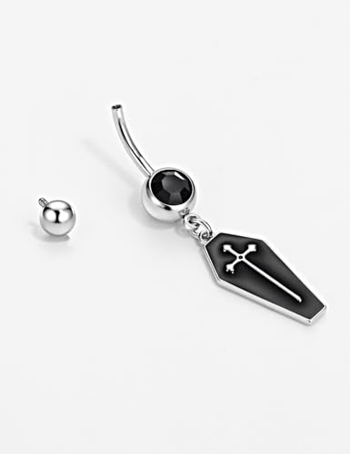 Belly Button Ring Dangle, Cross Belly Button Ring, Navel Piercing | 316L Surgical Steel, AAA+ Cubic Zirconia, Nickel-Free, Hypoallergenic, Multi-Style, 14 Gauge 10 mm Screw On Piercing Stud - style: Black Coffin