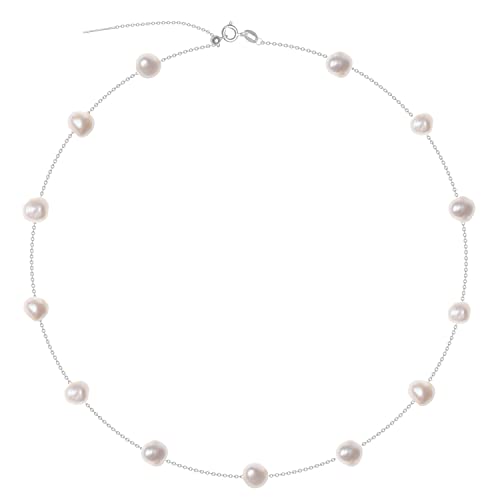 925 Sterling Silver Dainty Freshwater Cultured Pearl Choker Necklace White Genuine Real Pearl Charm Necklaces Jewelry Gifts for Her - color: Satellite Baroque 8-9mm-Silver