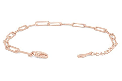 7" Length +1" Adjustable Paper Clip Chain Bracelet for Women | 14K Gold Over Sterling Silver Plain Jewelry - color: rose-gold-plated-silver