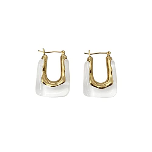 Chunky Clear Retro U Shaped Hoop Minimalist Square Resin Huggie Earrings for Women - color: White