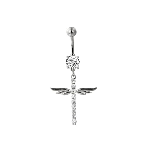 14G Crystal Wing Dangle Belly Button Ring for Women Cubic Zirconia Belly Curved Navel Barbell Dangle Piercing Sparkling Body Piercing Jewelry - color: Silver