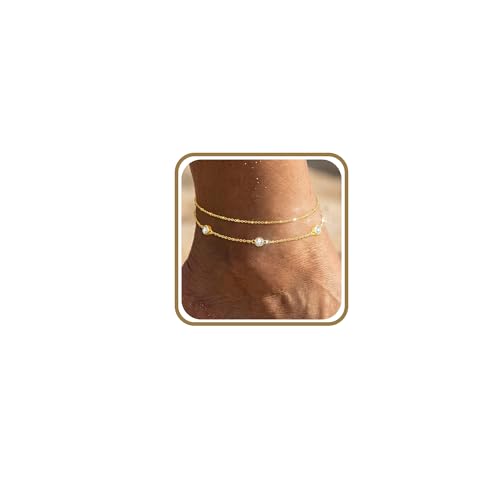 Anklets for Women Waterproof 14K Gold Plated Beach Ankle Bracelets Dainty Summer Bow Clover Heart Evil Eye Anklet Non Tarnish Layered Beach Cz Jewelry Accessories for Women Trendy - color: Gold-Round Cz