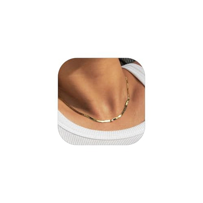 ChainsHouse Flat Snake Chain Herringbone Choker Necklace for Women, Stainless Steel/Rose Gold/18K Gold Plated Dainty Adjustable Simple Short Layered Necklaces, 12"/15"/18" with 3.5" Extender - color: a. 14k gold plated-3mm