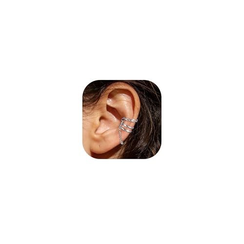 Ear Cuff Earrings for Women Non Piercing Helix Cartilage Clip on Ear Cuffs 14K Gold Plated & Sterling Silver Stainless Steel Hypoallergenic Huggie Hoop Fake Earring Set Jewelry Gift - color: K3-Silver Chain Set