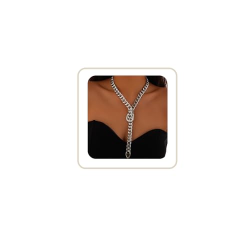 Cuban Link Chain Necklace Punk Belt Buckle Shaped Chunky Choker Necklace Statement Thick Chain Necklace Jewelry Gifts for Women Men - color: Style1-silver-long