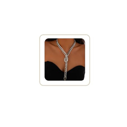 Cuban Link Chain Necklace Punk Belt Buckle Shaped Chunky Choker Necklace Statement Thick Chain Necklace Jewelry Gifts for Women Men - color: Style1-silver-long