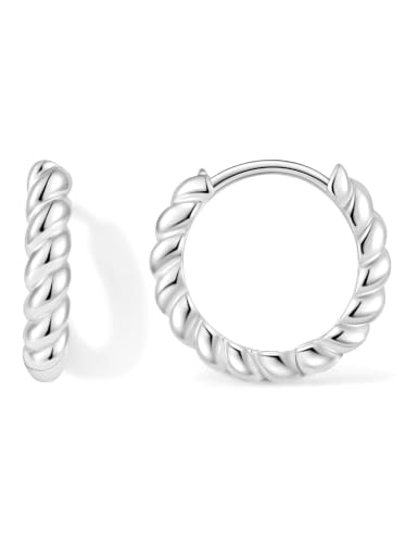 Fiusem 14K Gold Plated Huggie Hoop Earrings for Women | 8/10/12 Hypoallergenic Small Twisted beaded Huggie Earrings - color: Silver Twisted, size: 10MM