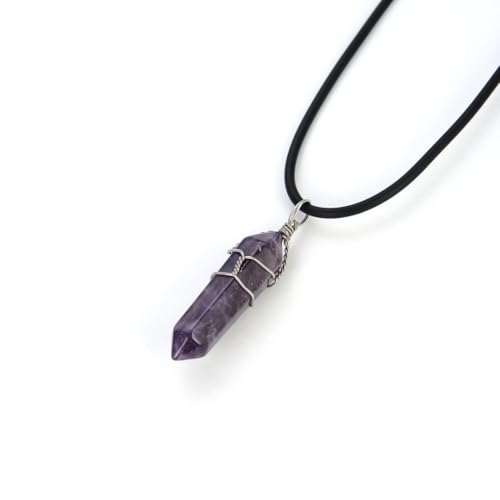 Adabele 1pc Natural Gemstone Bullet Pendant Necklace 18 Inch Crystal Stone Quartz Reiki Chakra Energy Rock PU Leather Cord Necklace Waterproof Women Jewelry - color: Amethyst (purple crystal)