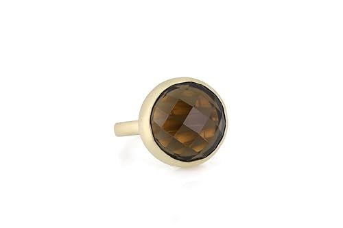 Smoky Quartz Bezel Ring - Solid Yellow Gold Statement Jewelry - Dark Brown Gemstone